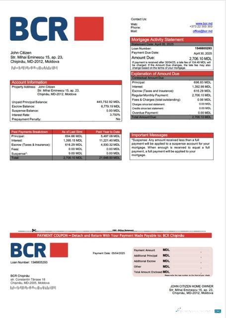 Download Moldova BCR Chișinău mortgage statement Word and PDF template Photoshop template